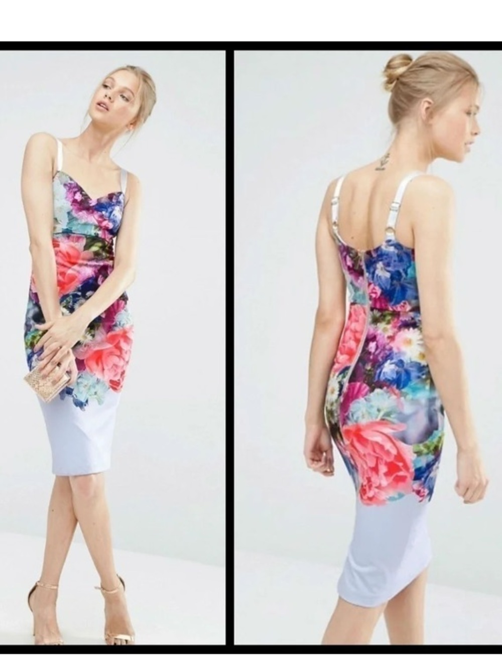 Ted Baker London Floral V-Neck Sleeveless Midi Dress Womens Size 3 - Light Blue